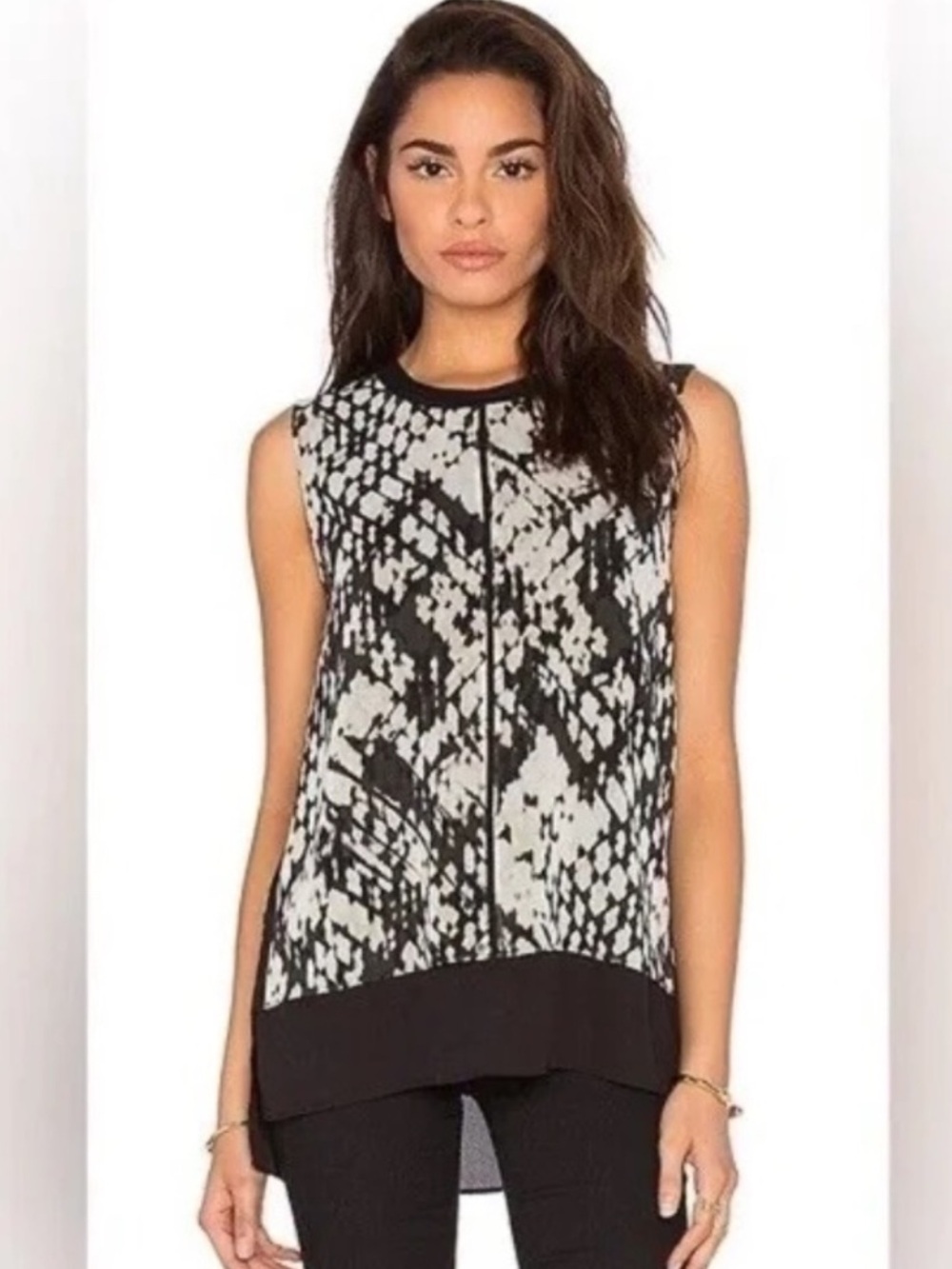 Vince Silk Black & Macadamia Abstract Basketweave Sleeveless Tank